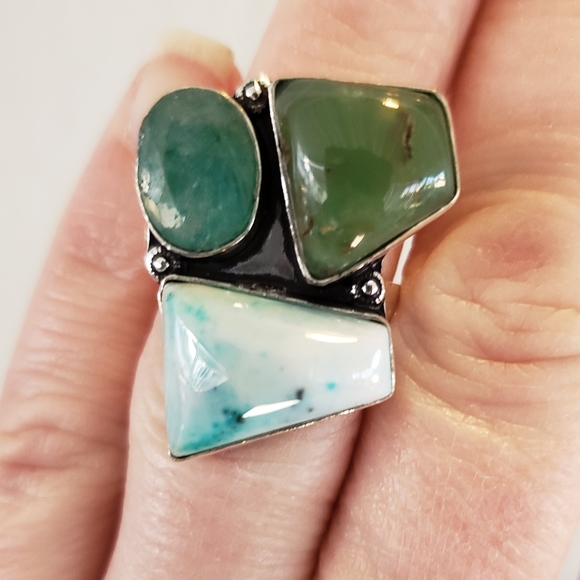 New Green Aventurine, Dendritic Opal, Emerald 925 Silver Ring. - Picture 3 of 5